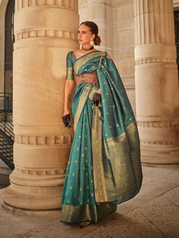 Odette - Women Green Silk Blend Woven Saree with Unstitched Blouse