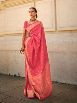 Odette - Women Orange Silk Blend Woven Saree with Unstitched Blouse