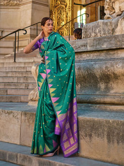 Odette - Women Green Silk Blend Woven Saree with Unstitched Blouse