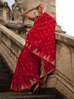 Odette - Women Red Silk Blend Woven Saree with Unstitched Blouse