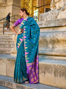 Odette - Women Teal Silk Blend Woven Saree with Unstitched Blouse