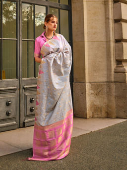 Odette - Women Grey Silk Blend Woven Saree with Unstitched Blouse