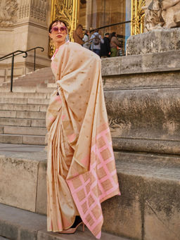 Odette - Women Cream Silk Blend Woven Saree with Unstitched Blouse