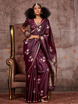 Odette - Women Wine Satin Woven Saree with Unstitched Blouse