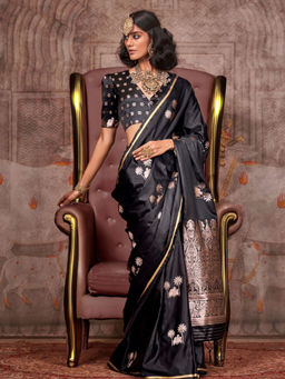 Odette - Women Black Satin Woven Saree with Unstitched Blouse
