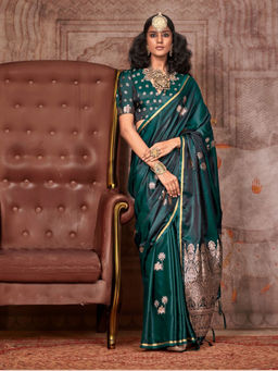 Odette - Women Green Satin Woven Saree with Unstitched Blouse