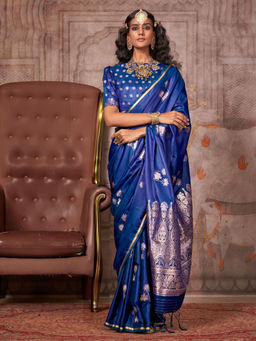 Odette - Women Blue Satin Woven Saree with Unstitched Blouse