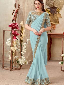 Odette - Blue Lycra Designer Saree with Unstitched Blouse