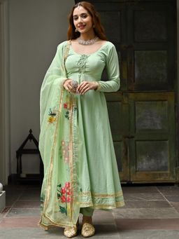 Lavanya The Label - Green Cotton Anarkali (Set of 3)