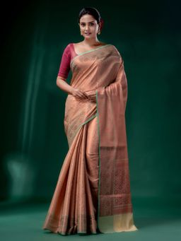 CHARUKRITI - Beige & Pink Blended Silk Brocade Handwoven Soft Saree with Unstitched Blouse
