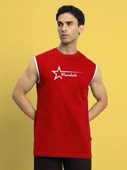 WEARDUDS - Men Red Cotton Graphic Oversized Tank Top