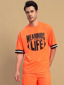 WEARDUDS - Men Orange Polyester Graphic Oversized T-Shirt
