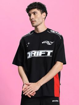 WEARDUDS - Men Black Cotton Self Design Oversized T-Shirt