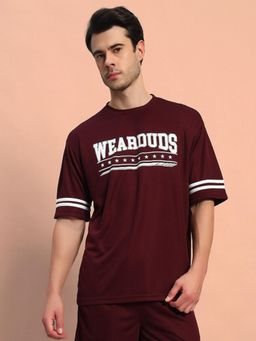 WEARDUDS - Men Wine Polyester Graphic Oversized T-Shirt