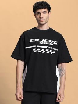 WEARDUDS - Men Black Polyester Graphic Oversized T-shirt