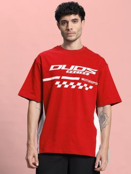 WEARDUDS - Men Red Polyester Graphic Oversized T-shirt