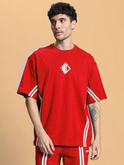WEARDUDS - Men Red Cotton Self Design Oversized T-shirt