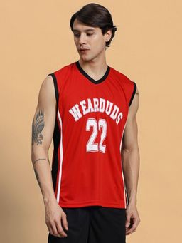 WEARDUDS - Men Red Polyester Graphic Oversized Tank Top