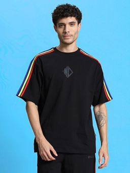 WEARDUDS - Men Black Cotton Self Design Oversized T-shirt