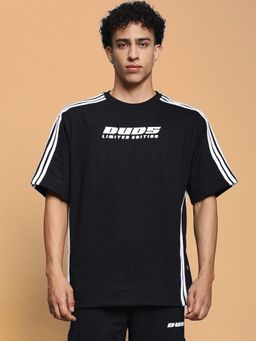 WEARDUDS - Men Black Polyester Self Design Oversized T-shirt
