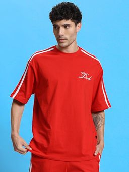 WEARDUDS - Men Red Cotton Self Design Oversized T-shirt