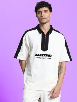 WEARDUDS - Men Off White Cotton Self Design Oversized T-shirt