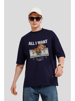 UNDERRATED CLUB - Men Navy Blue Cotton Printed Oversized T-Shirt