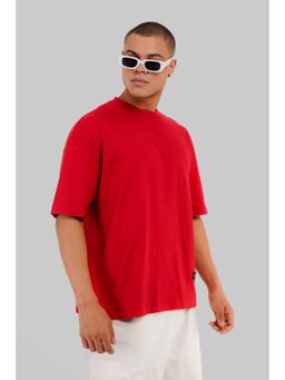 UNDERRATED CLUB - Men Red Cotton Solid Oversized T-Shirt