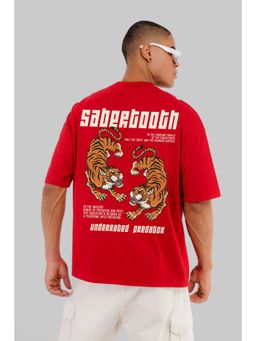 UNDERRATED CLUB - Men Red Cotton Graphic Oversized T-Shirt