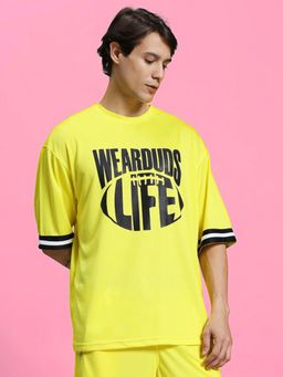 WEARDUDS - Men Yellow Polyester Graphic Oversized T-shirt