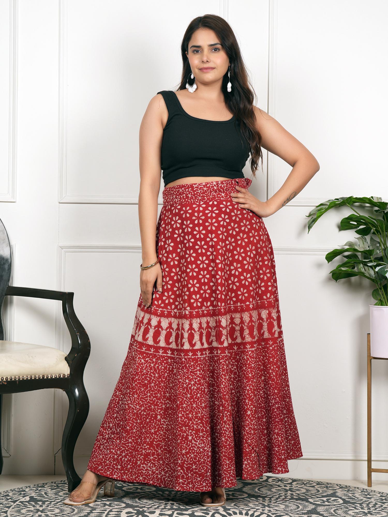 Red Women Handloom Wrap Around Block Printed Floral Ethnic Skirt