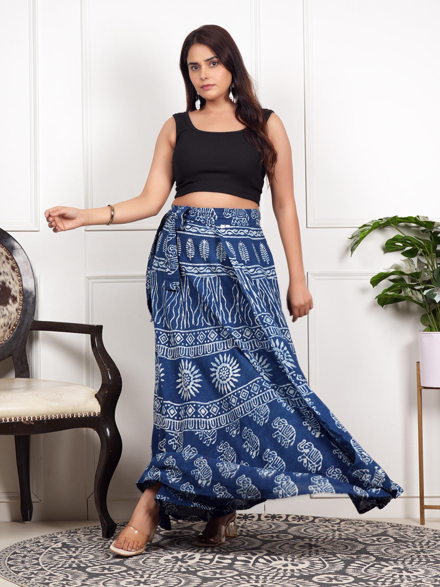 style shoes Blue Women Handloom Wrap Around Block Printed Elephant Ethnic Skirt-picture-30