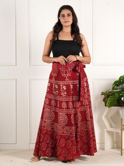 Style Shoes - Red Women Handloom Wrap Around Block Printed Baby Elephant Ethnic Skirt