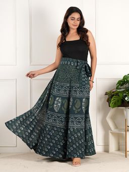 Style Shoes - Green Women Handloom Wrap Around Block Printed Ethnic Motifs Skirt