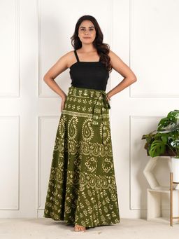 Style Shoes - Green Women Handloom Wrap Around Block Printed Ethnic Motifs Skirt
