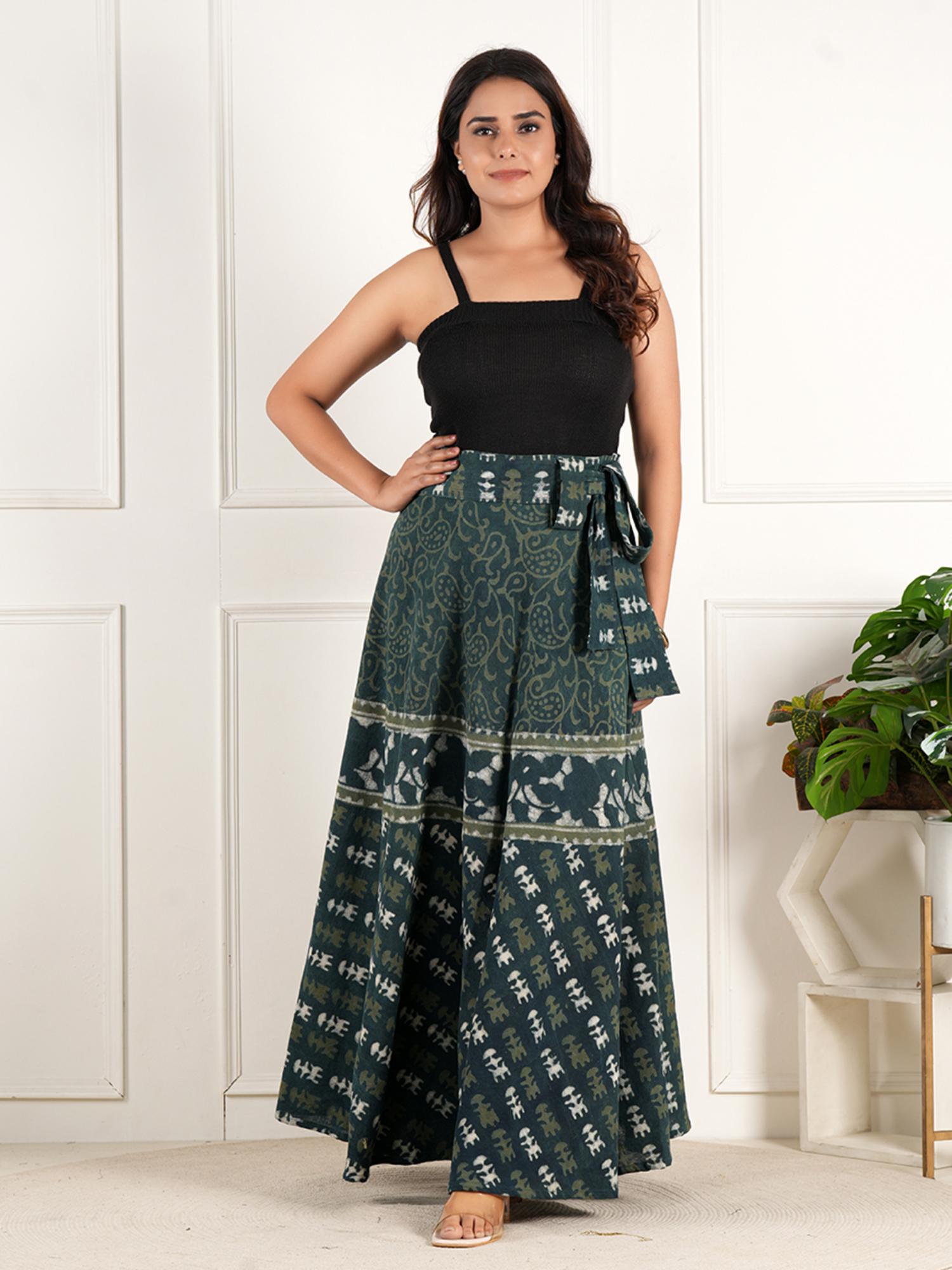 style shoes Green Women Handloom Wrap Around Block Printed Ethnic Motifs Skirt-picture-37