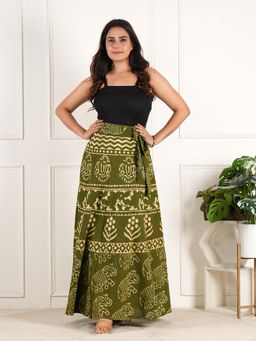 Style Shoes - Green Women Handloom Wrap Around Block Printed Elephant Print Ethnic Skirt