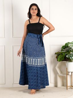 Style Shoes - Blue Women Handloom Wrap Around Block Printed Striped Ethnic Skirt