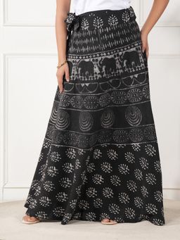 Style Shoes - Black Women Handloom Wrap Around Block Printed Ethnic Motifs Skirt
