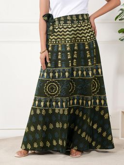 Style Shoes - Green Women Handloom Wrap Around Block Printed Floral Ethnic Motifs Skirt