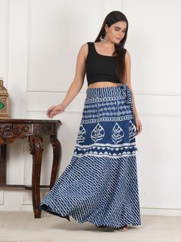 Style Shoes - Blue Women Handloom Wrap Around Block Printed Striped Ethnic Motifs Skirt