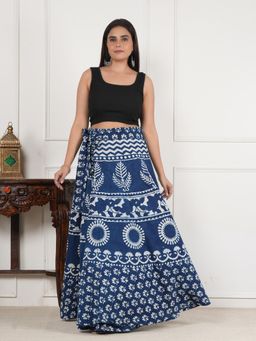 Style Shoes - Blue Women Handloom Wrap Around Block Printed Striped Ethnic Motifs Skirt