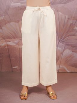 ARAMYA - Women Off White Pure Cotton Solid Palazzo