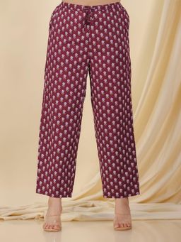 ARAMYA - Women Wine Pure Cotton Floral Pant