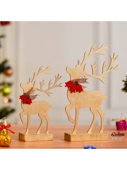 eCraftIndia - Set of 2 Golden Wooden Reindeer Statues Showpieces Merry Christmas Props