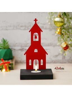eCraftIndia - Red Wooden Merry Christmas Charming Church Tea Light Candle Holder