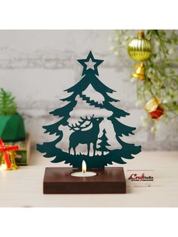 eCraftIndia - Green Wooden Merry Christmas Tree Reindeer Decor Tea Light Candle Holder