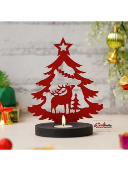 eCraftIndia - Red Wooden Merry Christmas Tree Reindeer Showpiece Tealight Candle Holder