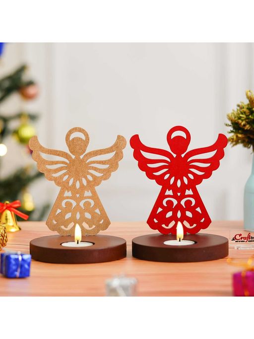 eCraftIndia Set of 2 Wooden Fairy Showpiece Decorative Tea Light Candle Holders