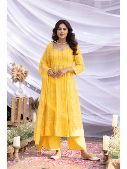 SEW - Bright Yellow Jari Embroidered Kurta with Palazzo and Dupatta (Set of 3)